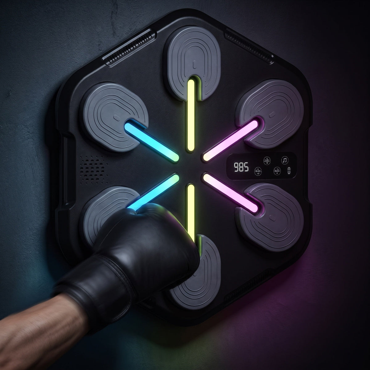 Close-up of the glowing RGB light bars as a gloved fist lands